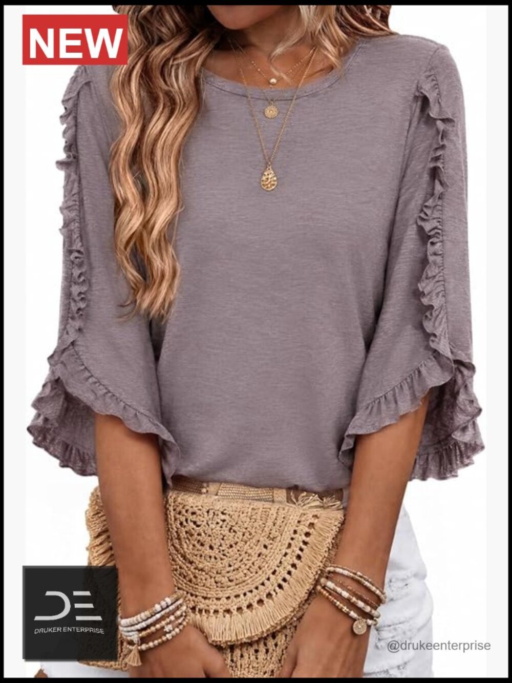 Women's 3/4 Sleeve Top Crewneck Ruffle Blouse Dressy Casual Summer Fall